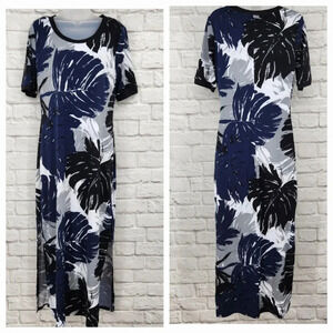G.I.L.I. Palm Leaf Pattern Side Slit Short Sleeve Maxi Dress Size Small Casual